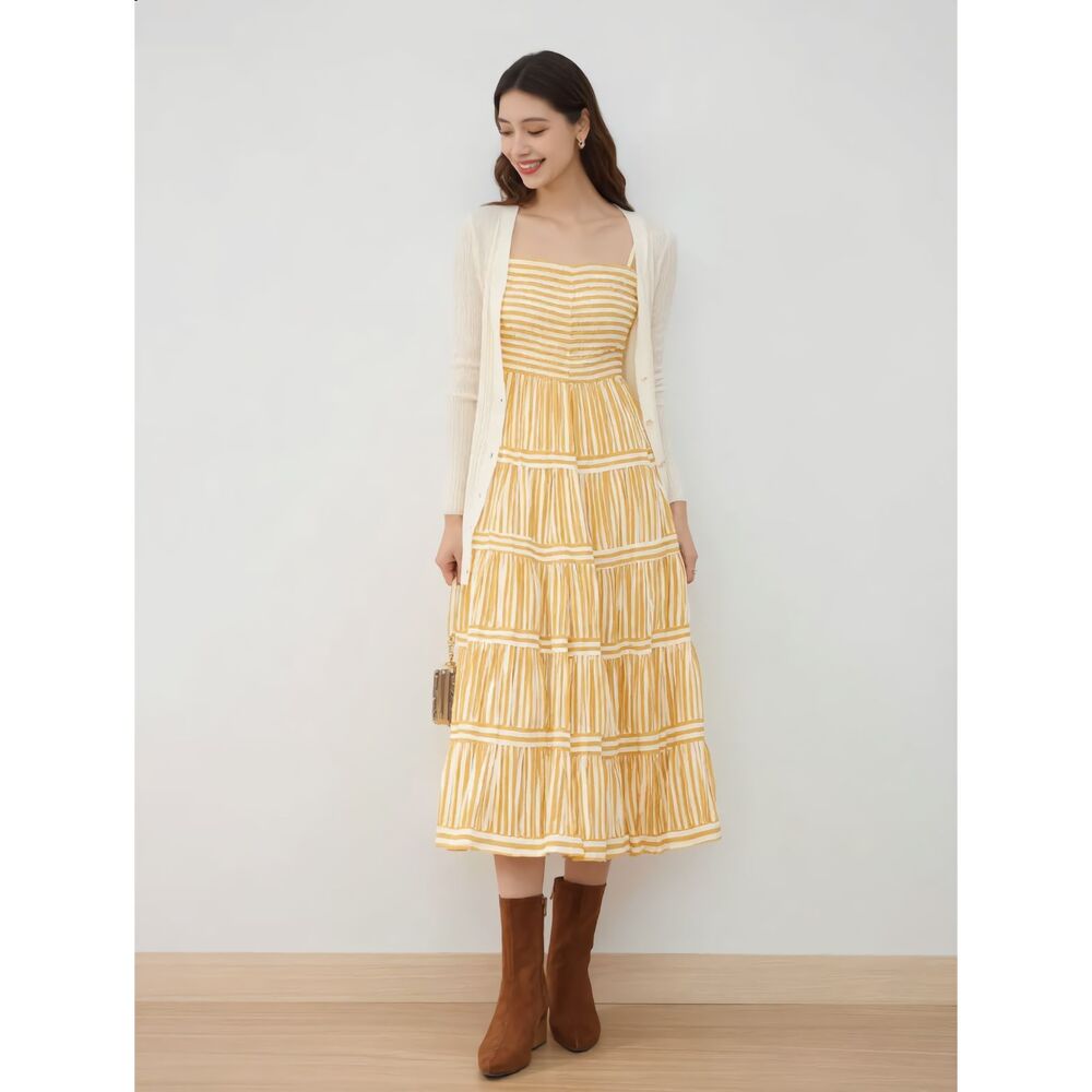 Petal & Pup Mustard White Stripe Smocked Tiered Maxi Adj. Straps Rayon Sz XS